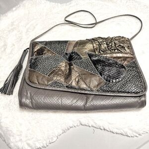 VINTAGE Bags By Pinky 80s Leather USA Woven Patchwork Shoulder Purse Metallic